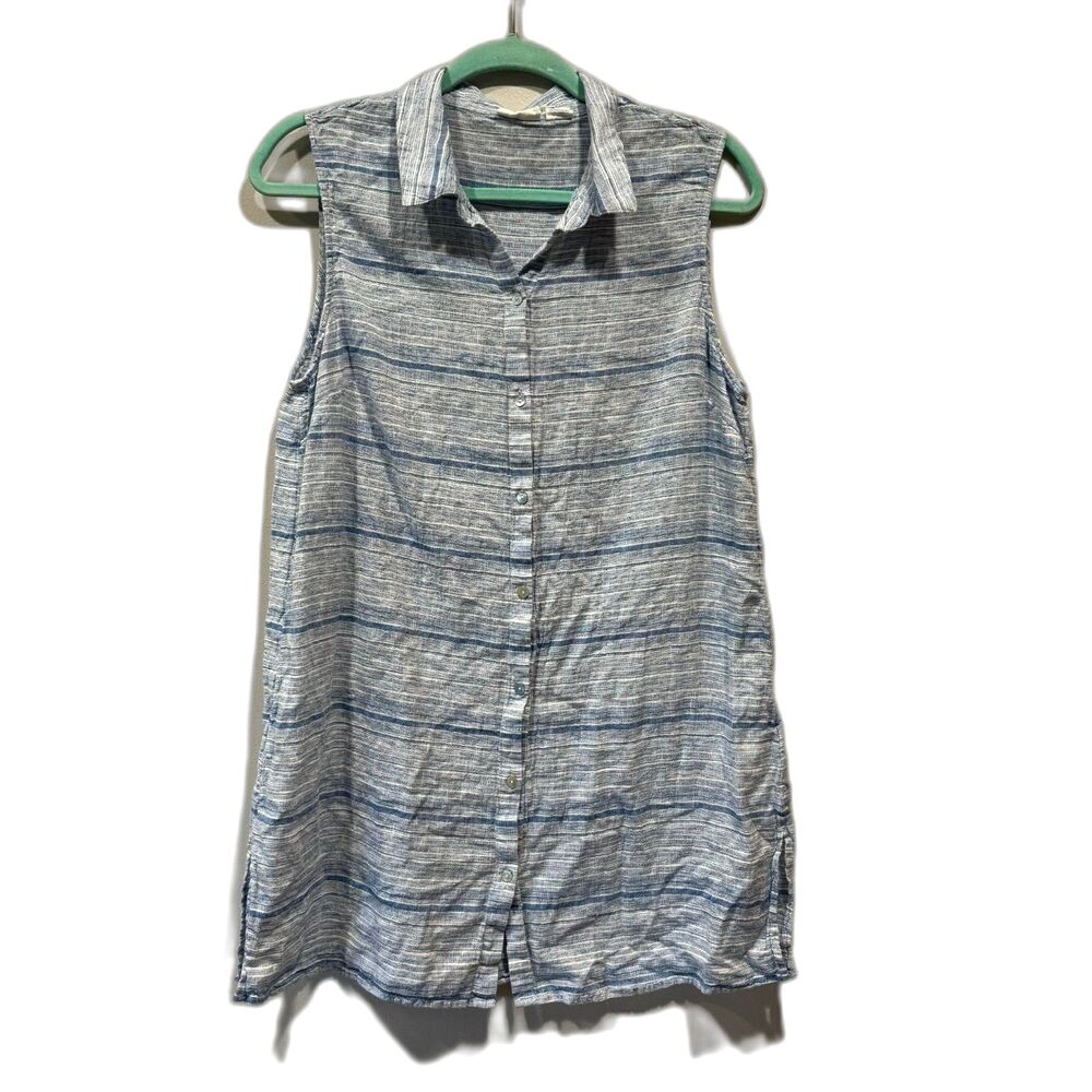 Sigrid Olsen Linen Button Shirt Tunic Dress Sleeveless Blue Stripe Women Large